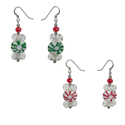 A pair of glass earrings designed to resemble peppermint candy, with red and green coloring and a metallic hook.