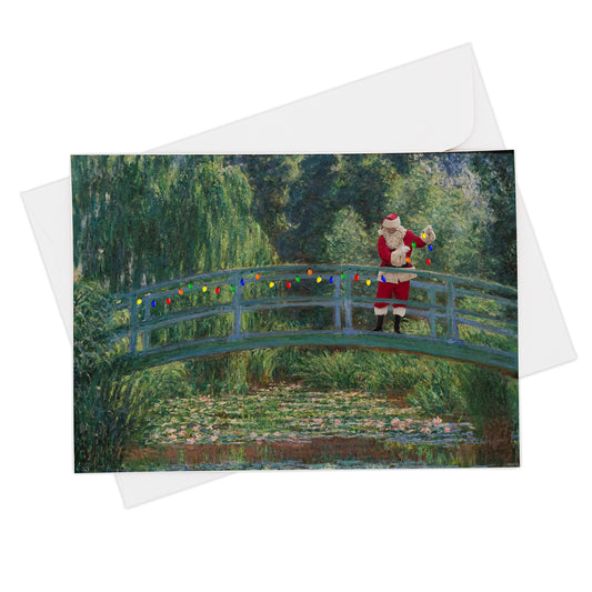 Santa en la pasarela japonesa y el estanque de nenúfares Tarjeta navideña