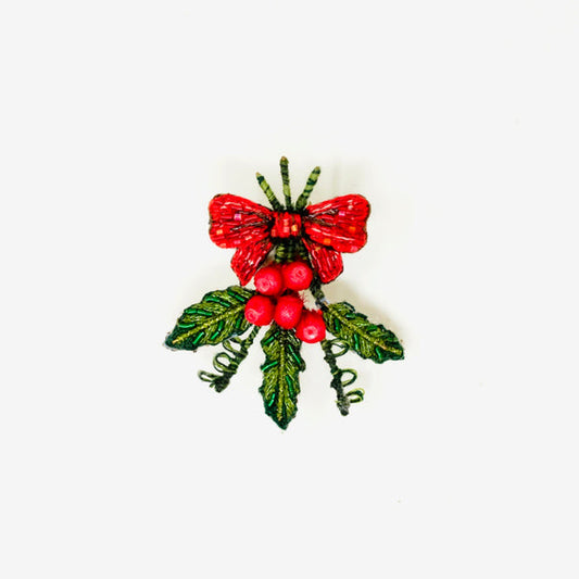 Red Holly Bow Embroidered Brooch