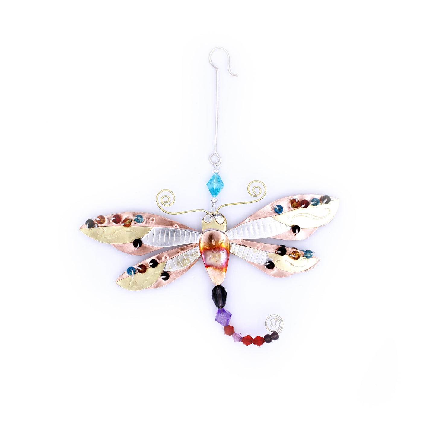 Handgefertigtes Metallornament: Libelle mit leuchtenden Flügeln