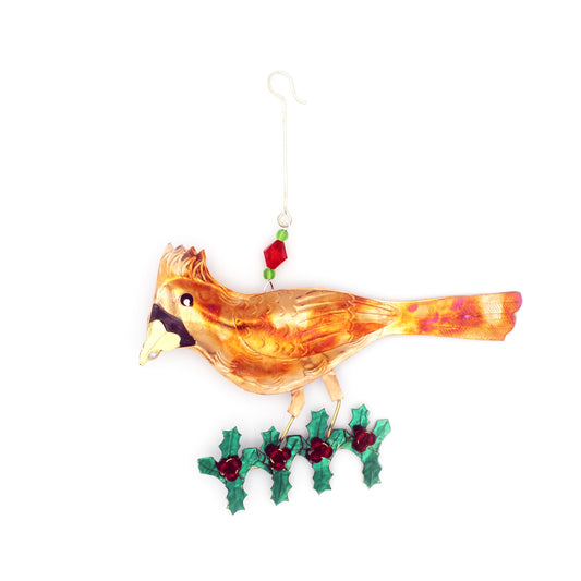 Handmade Metal Ornament: Cardinal with Holly