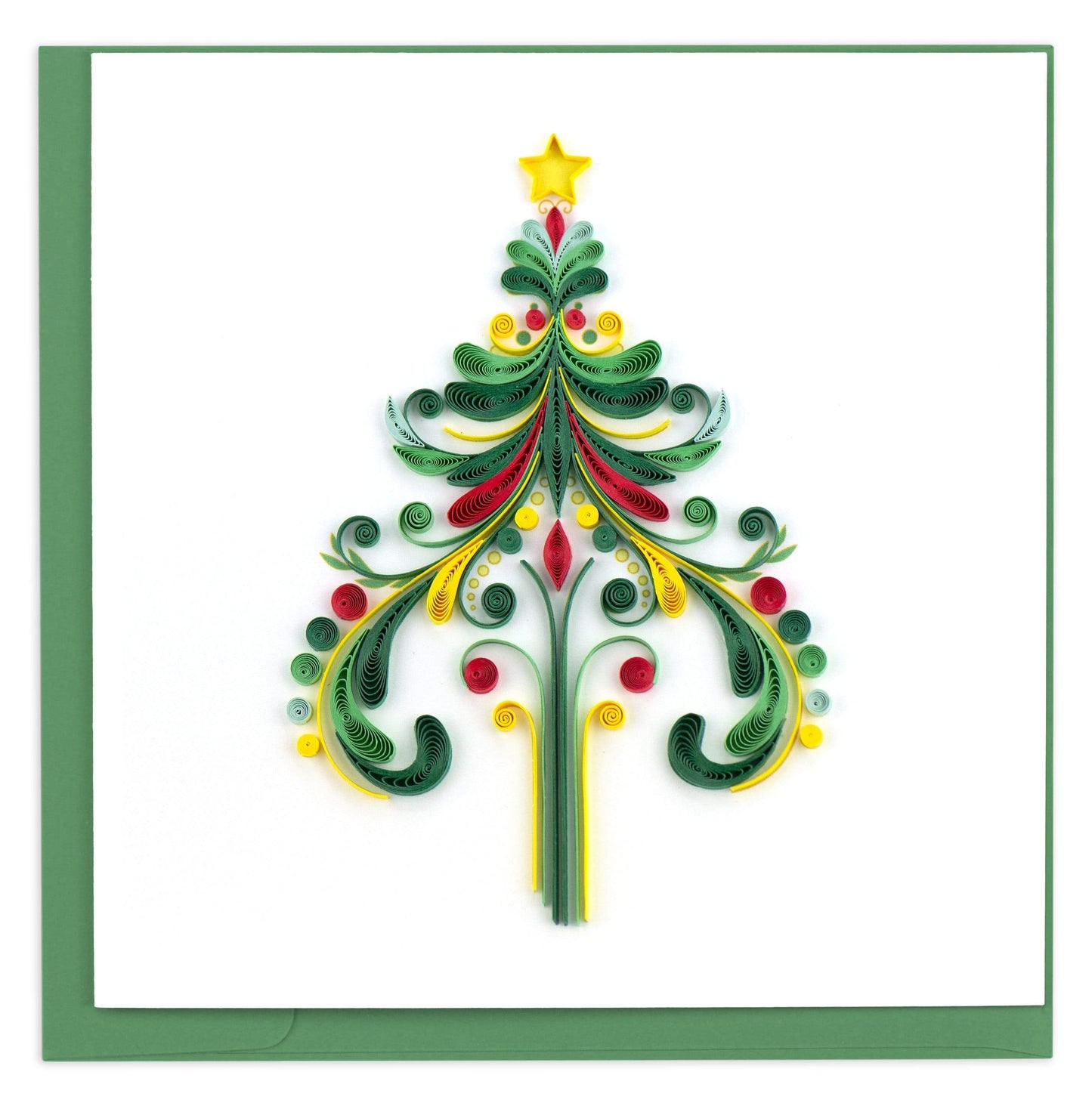 Tarjeta en blanco con árbol de Navidad adornado con quilled