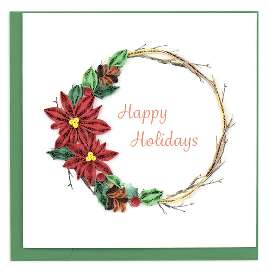 Quilled Poinsettia Wreath "Happy Holidays" Card