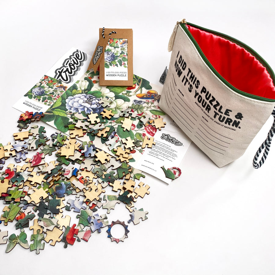 Wooden Puzzle in Pass-It-On Pouch: Vintage Botanicals